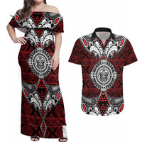 Red Aotearoa Tanilo Motif Couples Matching Off Shoulder Maxi Dress and Hawaiian Shirt Vintage Maori New Zealand Tribal Art Pattern LT9 Red - Polynesian Pride