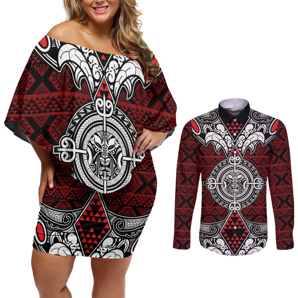 Red Aotearoa Tanilo Motif Couples Matching Off Shoulder Short Dress and Long Sleeve Button Shirt Vintage Maori New Zealand Tribal Art Pattern LT9 Red - Polynesian Pride