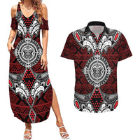 Red Aotearoa Tanilo Motif Couples Matching Summer Maxi Dress and Hawaiian Shirt Vintage Maori New Zealand Tribal Art Pattern LT9 Red - Polynesian Pride