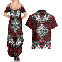 Red Aotearoa Tanilo Motif Couples Matching Summer Maxi Dress and Hawaiian Shirt Vintage Maori New Zealand Tribal Art Pattern LT9 - Polynesian Pride