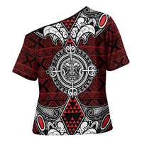 Red Aotearoa Taniko Motif Cross Shoulder Shirt Vintage Maori New Zealand Tribal Art Pattern - Polynesian Pride