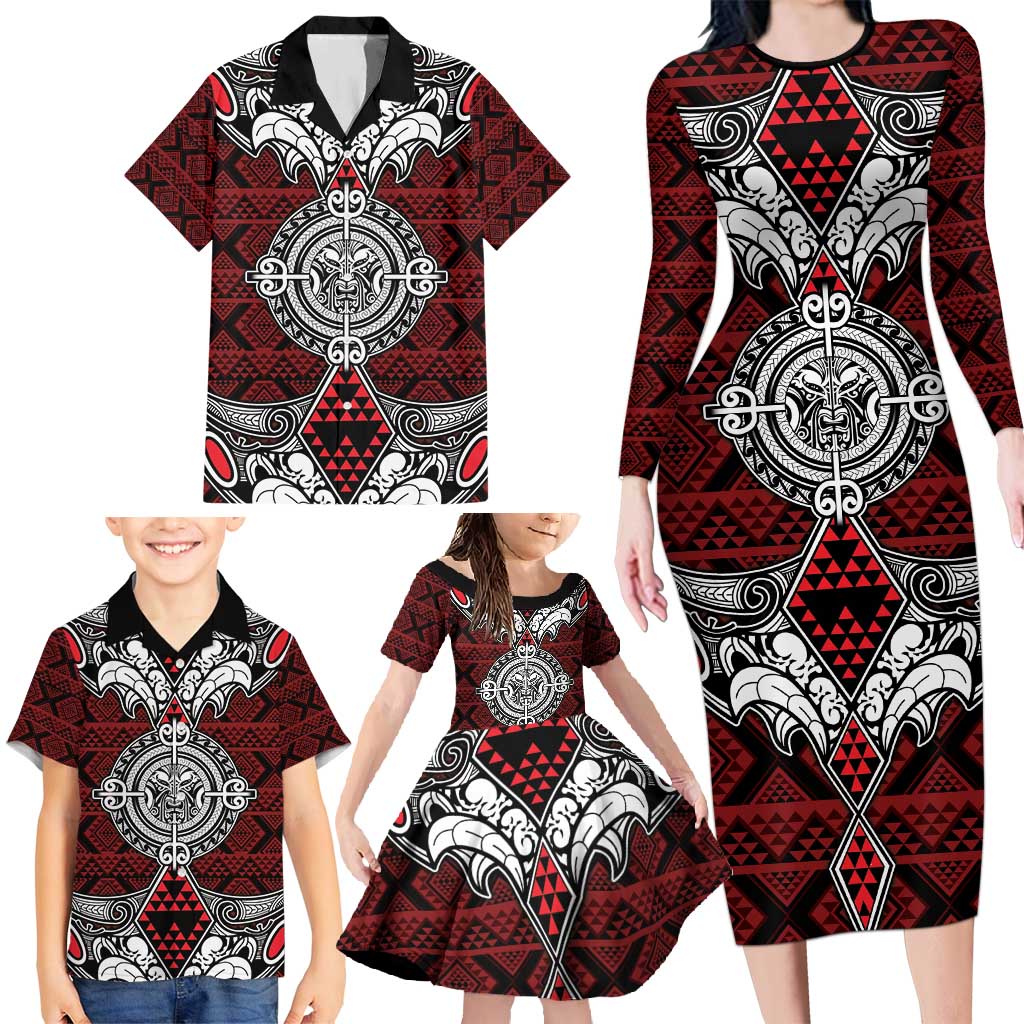 Red Aotearoa Tanilo Motif Family Matching Long Sleeve Bodycon Dress and Hawaiian Shirt Vintage Maori New Zealand Tribal Art Pattern LT9 - Polynesian Pride
