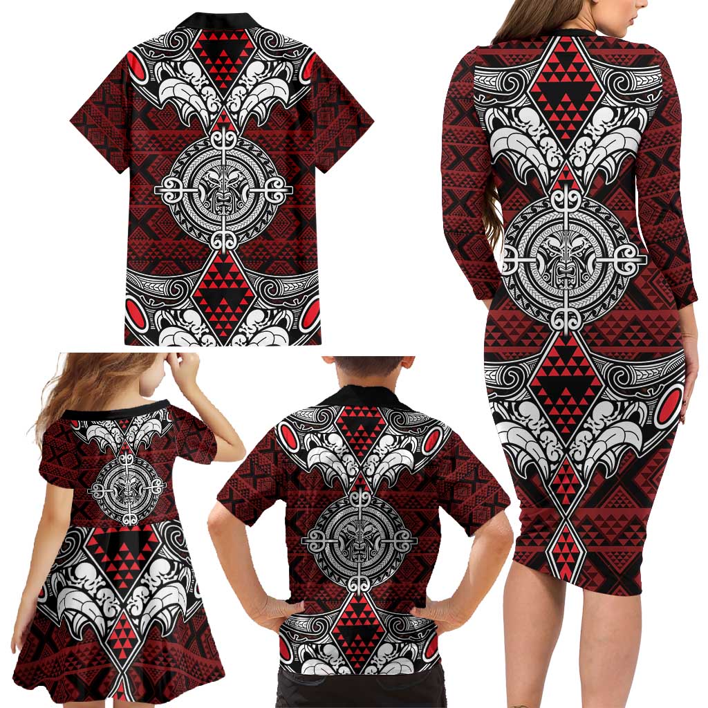 Red Aotearoa Tanilo Motif Family Matching Long Sleeve Bodycon Dress and Hawaiian Shirt Vintage Maori New Zealand Tribal Art Pattern LT9 - Polynesian Pride