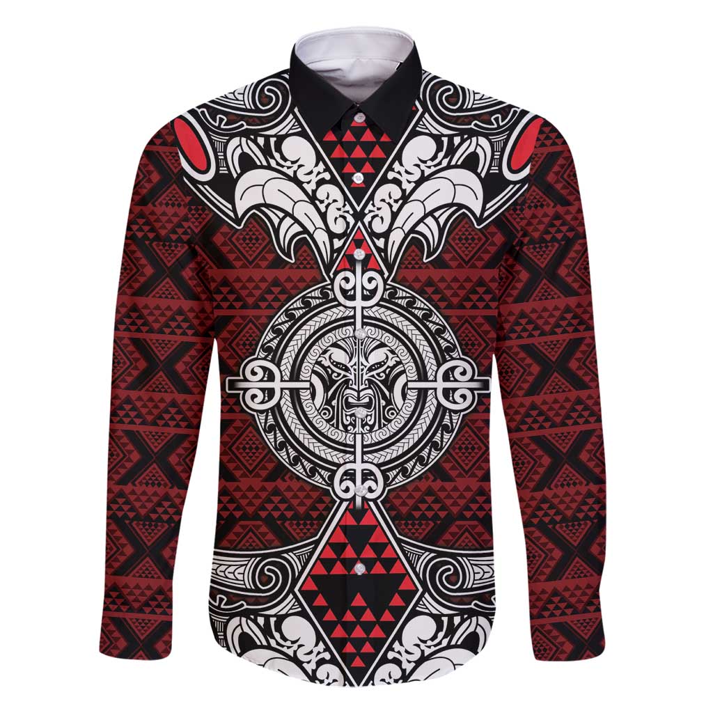 Red Aotearoa Tanilo Motif Family Matching Long Sleeve Bodycon Dress and Hawaiian Shirt Vintage Maori New Zealand Tribal Art Pattern LT9 Dad's Shirt - Long Sleeve Red - Polynesian Pride