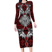 Red Aotearoa Tanilo Motif Family Matching Long Sleeve Bodycon Dress and Hawaiian Shirt Vintage Maori New Zealand Tribal Art Pattern LT9 Mom's Dress Red - Polynesian Pride