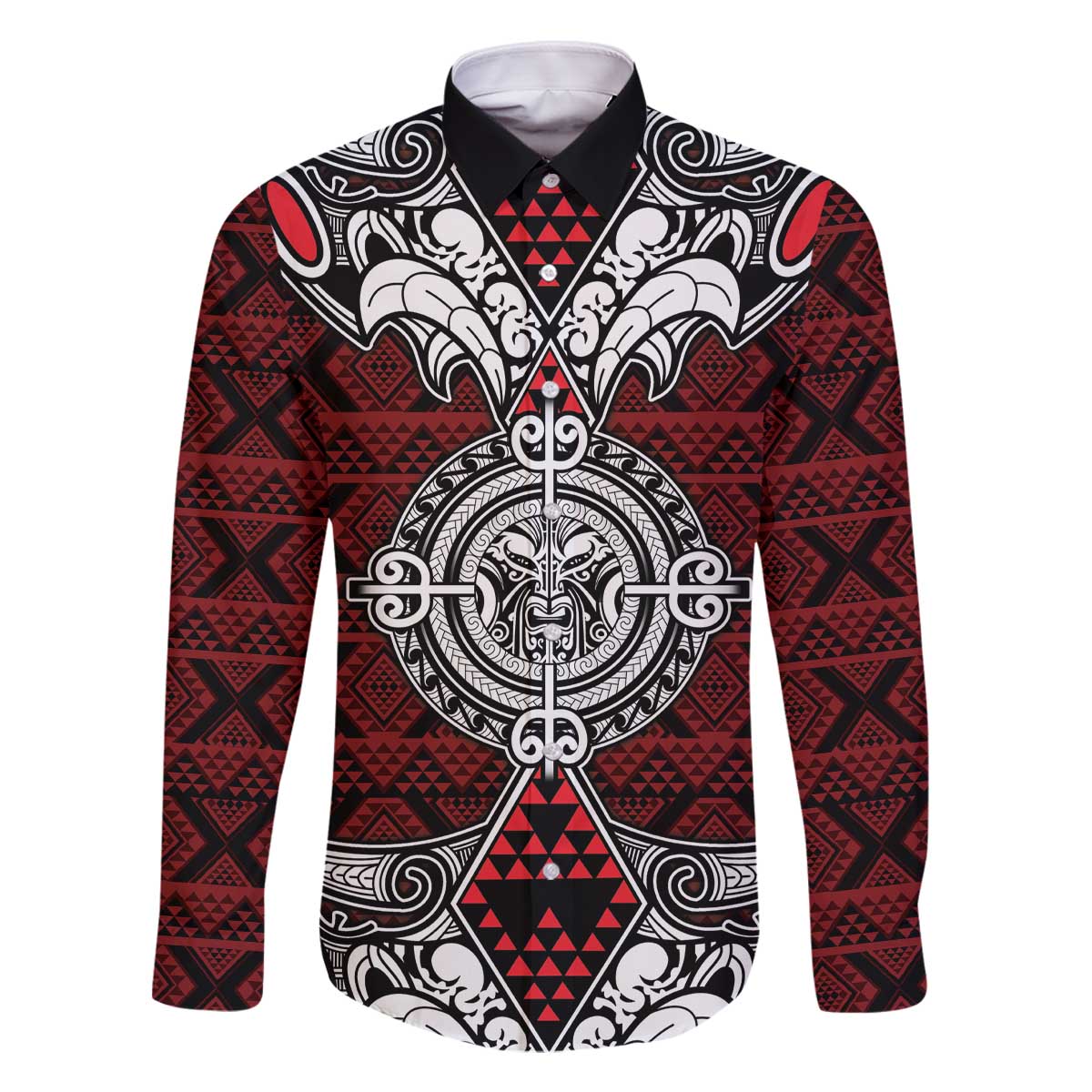 Red Aotearoa Tanilo Motif Family Matching Off The Shoulder Long Sleeve Dress and Hawaiian Shirt Vintage Maori New Zealand Tribal Art Pattern