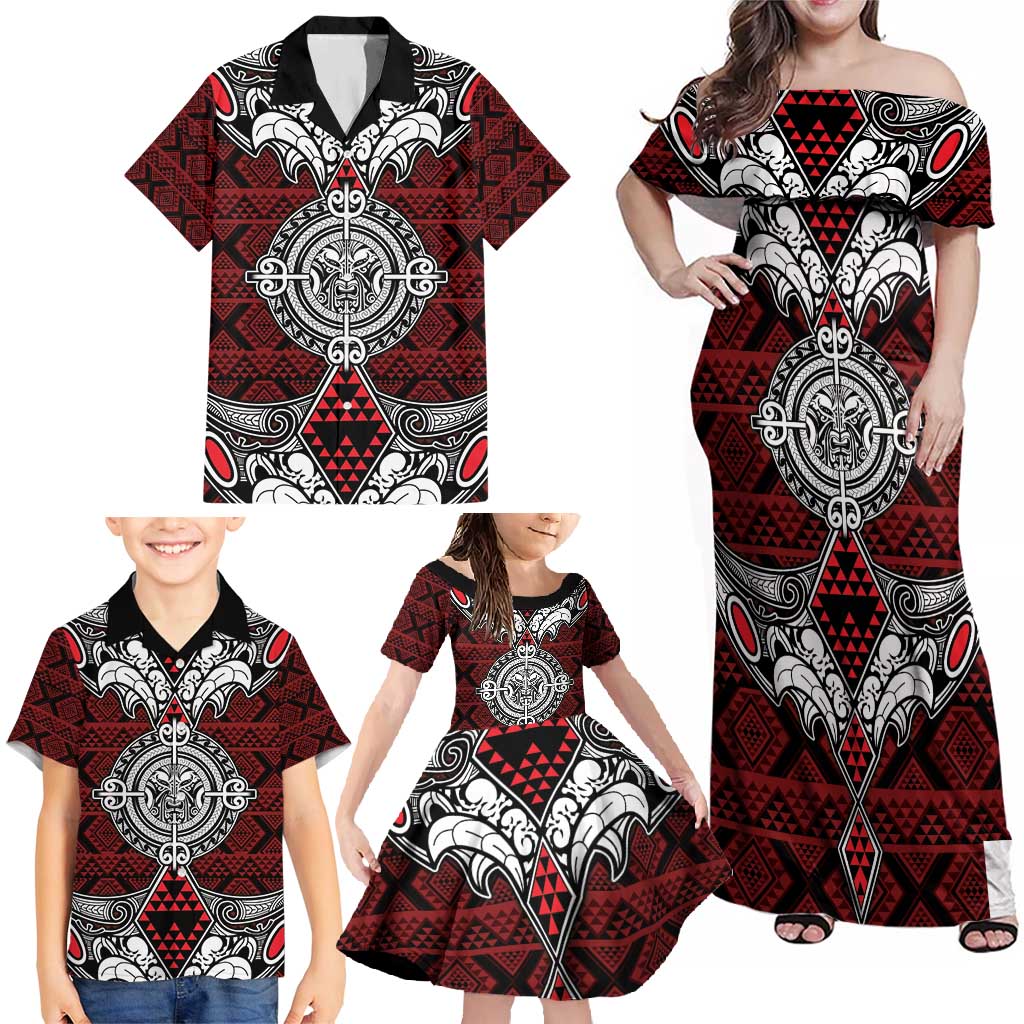 Red Aotearoa Tanilo Motif Family Matching Off Shoulder Maxi Dress and Hawaiian Shirt Vintage Maori New Zealand Tribal Art Pattern LT9 - Polynesian Pride