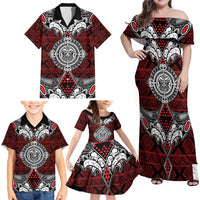Red Aotearoa Tanilo Motif Family Matching Off Shoulder Maxi Dress and Hawaiian Shirt Vintage Maori New Zealand Tribal Art Pattern LT9 - Polynesian Pride