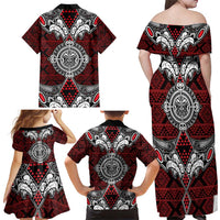 Red Aotearoa Tanilo Motif Family Matching Off Shoulder Maxi Dress and Hawaiian Shirt Vintage Maori New Zealand Tribal Art Pattern LT9 - Polynesian Pride