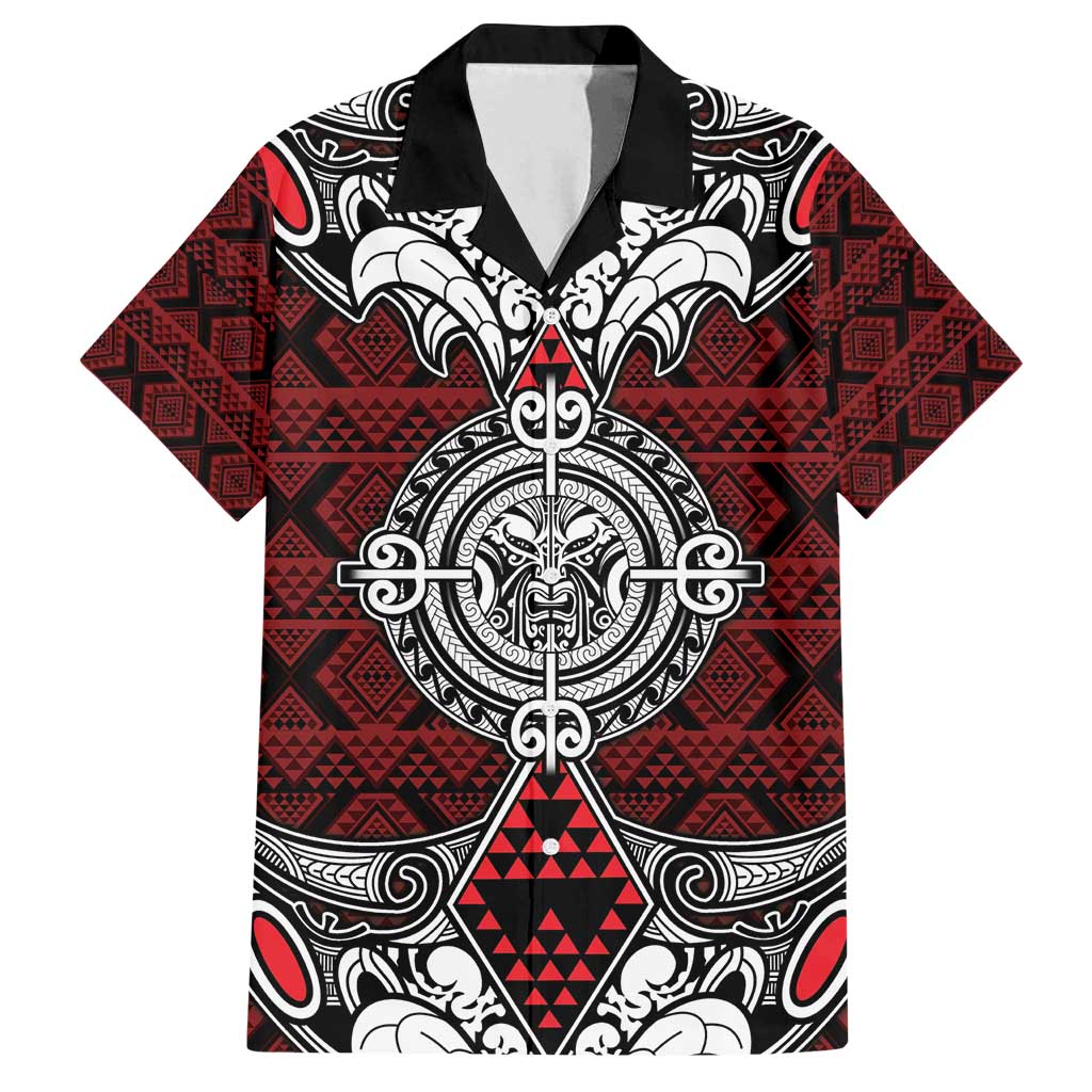 Red Aotearoa Tanilo Motif Family Matching Off Shoulder Maxi Dress and Hawaiian Shirt Vintage Maori New Zealand Tribal Art Pattern LT9 Dad's Shirt - Short Sleeve Red - Polynesian Pride