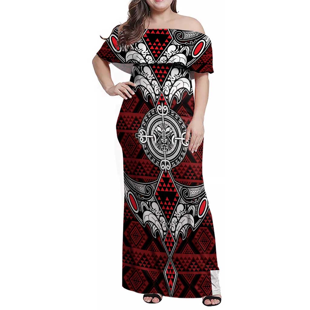 Red Aotearoa Tanilo Motif Family Matching Off Shoulder Maxi Dress and Hawaiian Shirt Vintage Maori New Zealand Tribal Art Pattern LT9 Mom's Dress Red - Polynesian Pride