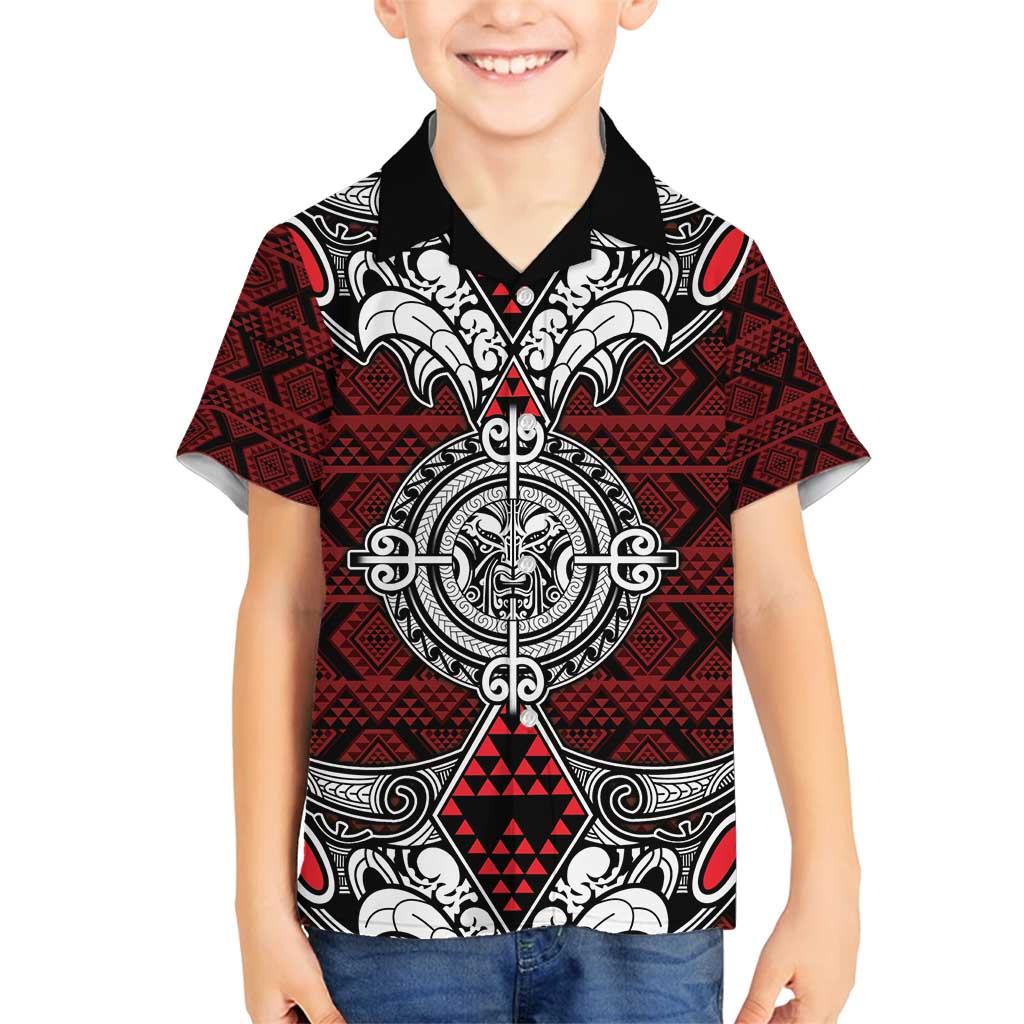Red Aotearoa Tanilo Motif Family Matching Off Shoulder Maxi Dress and Hawaiian Shirt Vintage Maori New Zealand Tribal Art Pattern LT9 Son's Shirt Red - Polynesian Pride