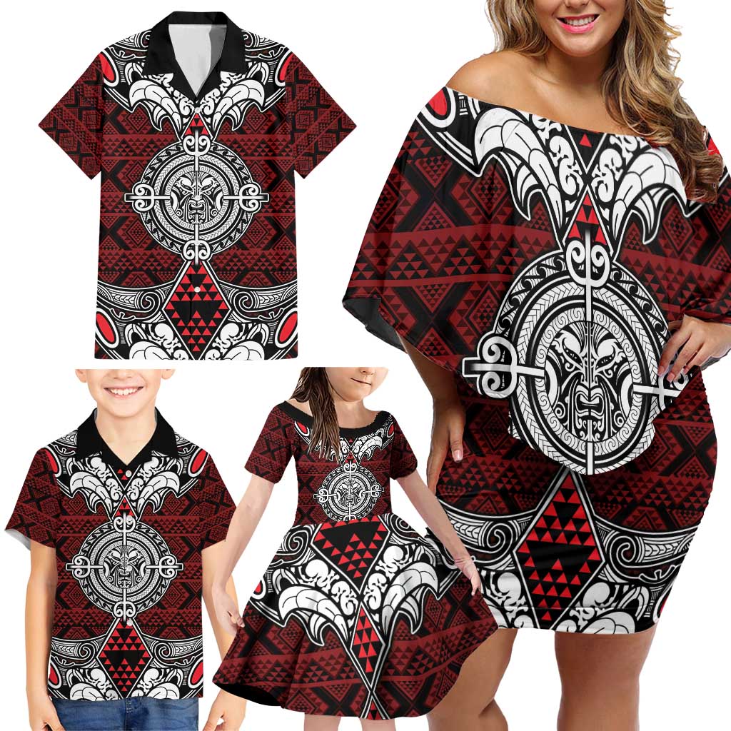 Red Aotearoa Tanilo Motif Family Matching Off Shoulder Short Dress and Hawaiian Shirt Vintage Maori New Zealand Tribal Art Pattern LT9 - Polynesian Pride