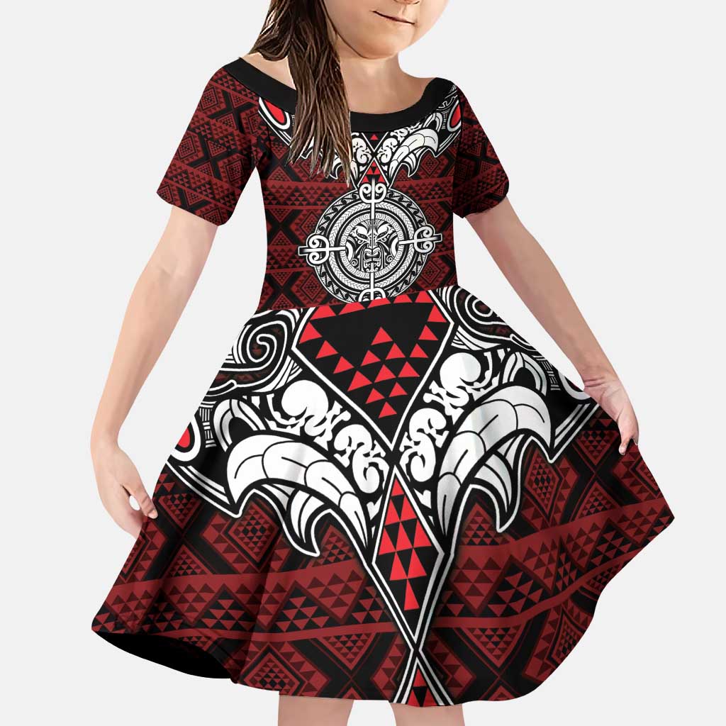 Red Aotearoa Tanilo Motif Family Matching Puletasi and Hawaiian Shirt Vintage Maori New Zealand Tribal Art Pattern LT9 Daughter's Dress Red - Polynesian Pride