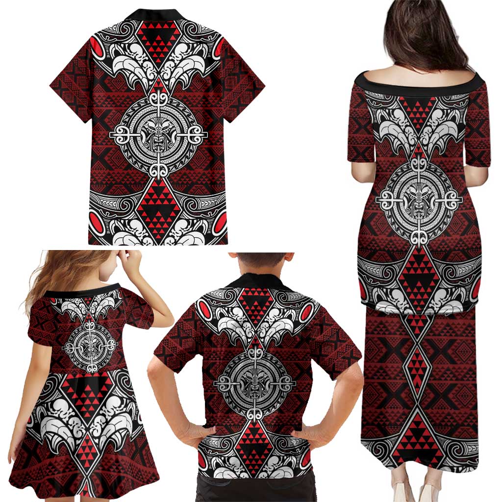 Red Aotearoa Tanilo Motif Family Matching Puletasi and Hawaiian Shirt Vintage Maori New Zealand Tribal Art Pattern LT9 - Polynesian Pride