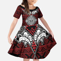Red Aotearoa Tanilo Motif Family Matching Short Sleeve Bodycon Dress and Hawaiian Shirt Vintage Maori New Zealand Tribal Art Pattern LT9 Daughter's Dress Red - Polynesian Pride