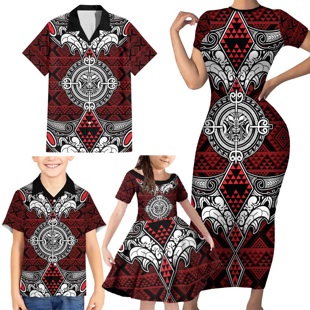 Red Aotearoa Tanilo Motif Family Matching Short Sleeve Bodycon Dress and Hawaiian Shirt Vintage Maori New Zealand Tribal Art Pattern LT9 - Polynesian Pride