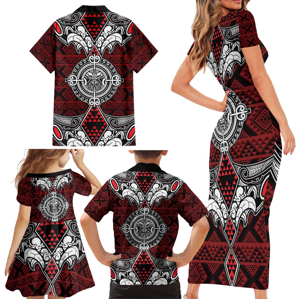 Red Aotearoa Tanilo Motif Family Matching Short Sleeve Bodycon Dress and Hawaiian Shirt Vintage Maori New Zealand Tribal Art Pattern LT9 - Polynesian Pride