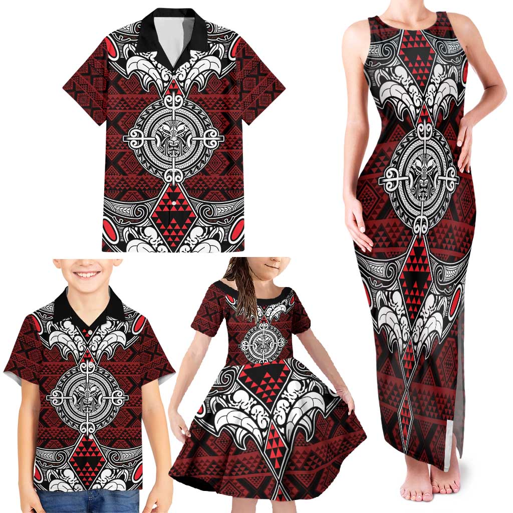 Red Aotearoa Tanilo Motif Family Matching Tank Maxi Dress and Hawaiian Shirt Vintage Maori New Zealand Tribal Art Pattern LT9 - Polynesian Pride