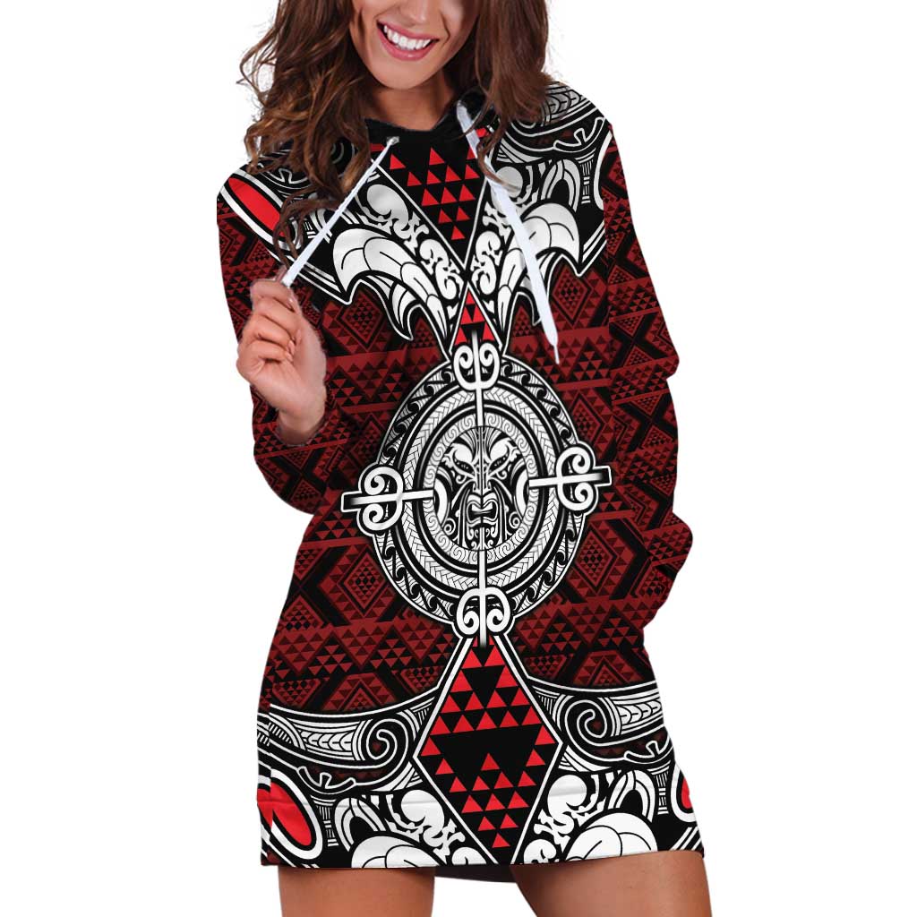 Red Aotearoa Tanilo Motif Hoodie Dress Vintage Maori New Zealand Tribal Art Pattern
