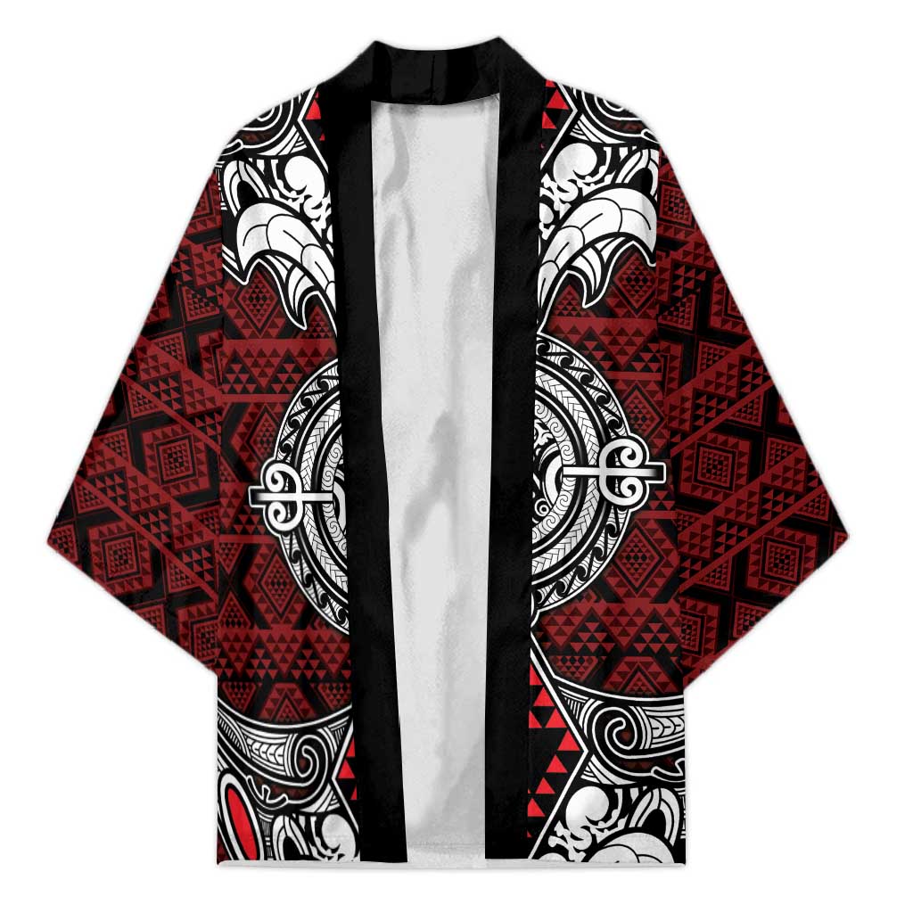 Red Aotearoa Taniko Motif Kimono Vintage Maori New Zealand Tribal Art Pattern - Polynesian Pride