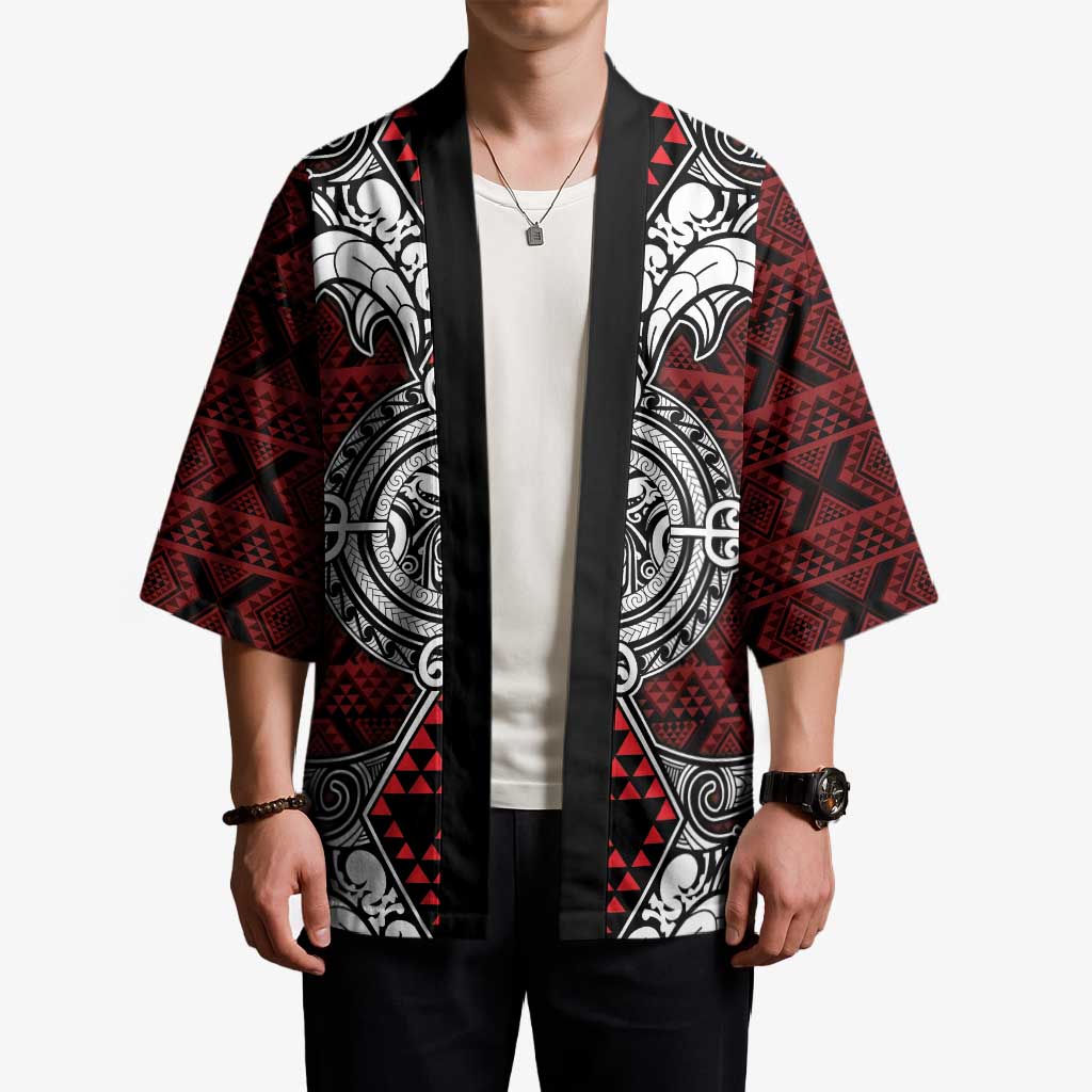 Red Aotearoa Taniko Motif Kimono Vintage Maori New Zealand Tribal Art Pattern - Polynesian Pride