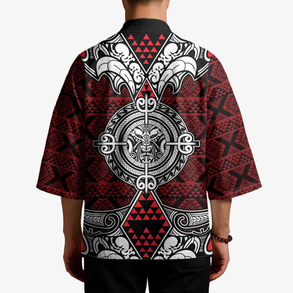 Red Aotearoa Taniko Motif Kimono Vintage Maori New Zealand Tribal Art Pattern - Polynesian Pride