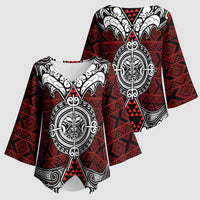 Red Aotearoa Taniko Motif Kimono Sleeve Blouse Vintage Maori New Zealand Tribal Art Pattern - Polynesian Pride