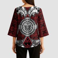 Red Aotearoa Taniko Motif Kimono Sleeve Blouse Vintage Maori New Zealand Tribal Art Pattern - Polynesian Pride