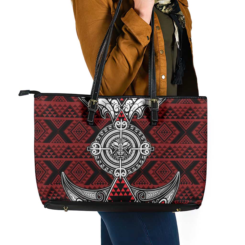 Red Aotearoa Taniko Motif Leather Tote Bag Vintage Maori New Zealand Tribal Art Pattern LT9 - Polynesian Pride