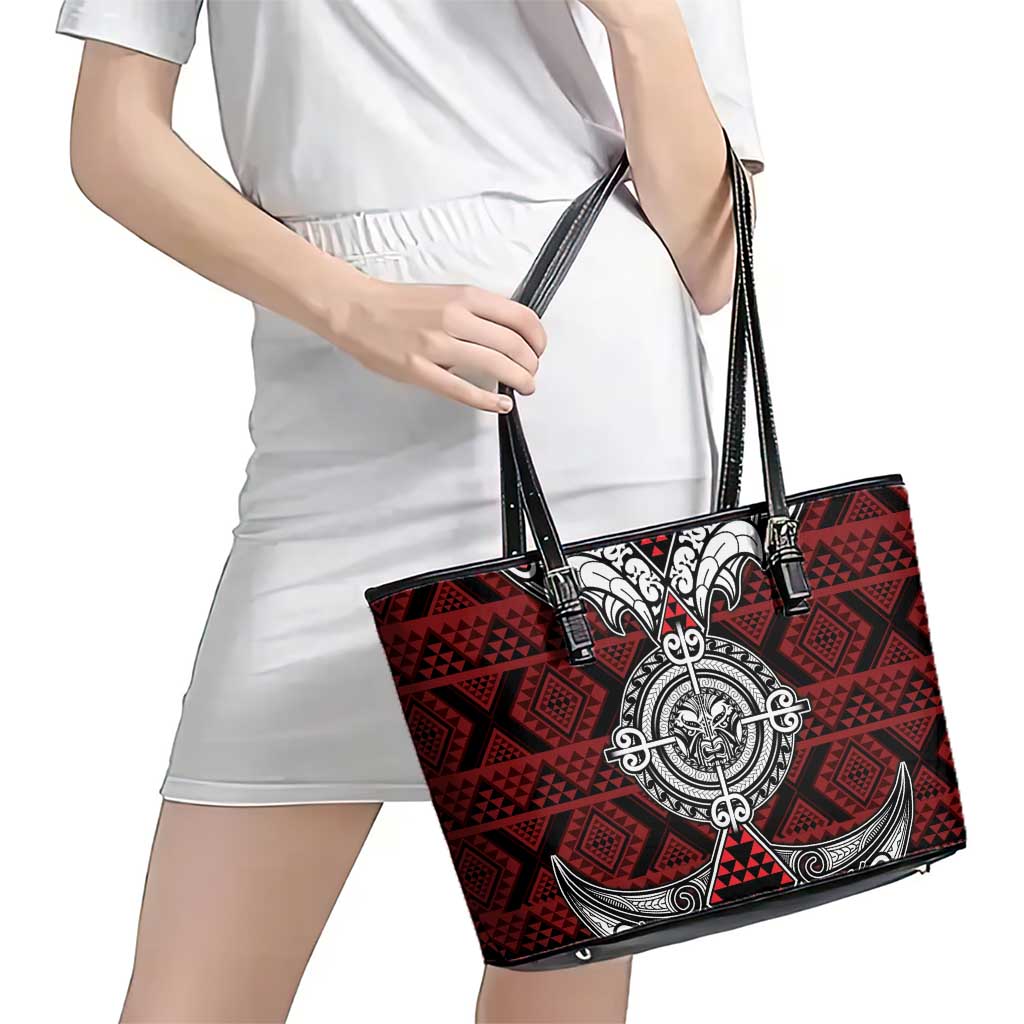 Red Aotearoa Taniko Motif Leather Tote Bag Vintage Maori New Zealand Tribal Art Pattern LT9 - Polynesian Pride