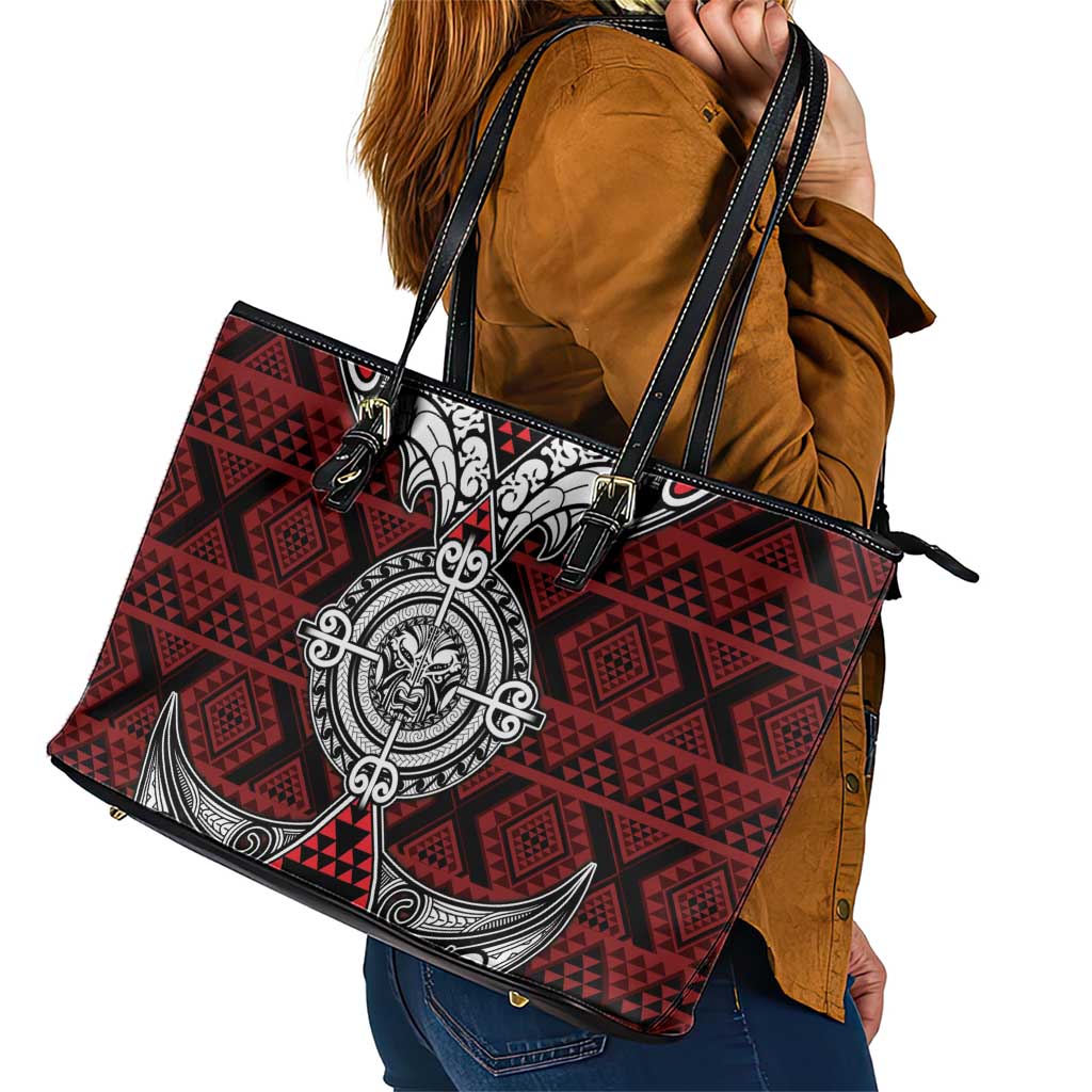Red Aotearoa Taniko Motif Leather Tote Bag Vintage Maori New Zealand Tribal Art Pattern LT9 - Polynesian Pride