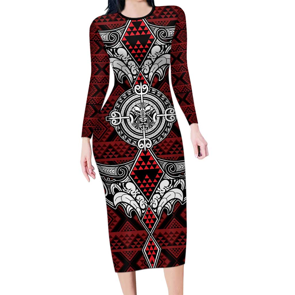 Red Aotearoa Tanilo Motif Long Sleeve Bodycon Dress Vintage Maori New Zealand Tribal Art Pattern