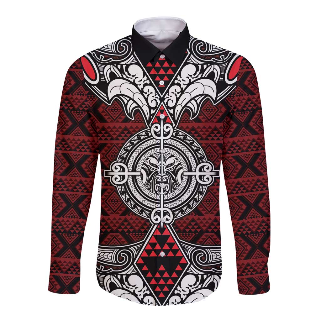Red Aotearoa Tanilo Motif Long Sleeve Button Shirt Vintage Maori New Zealand Tribal Art Pattern LT9 Unisex Red - Polynesian Pride