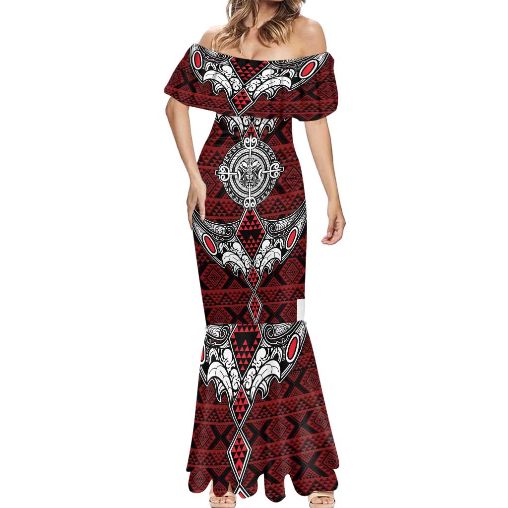 Red Aotearoa Tanilo Motif Mermaid Dress Vintage Maori New Zealand Tribal Art Pattern