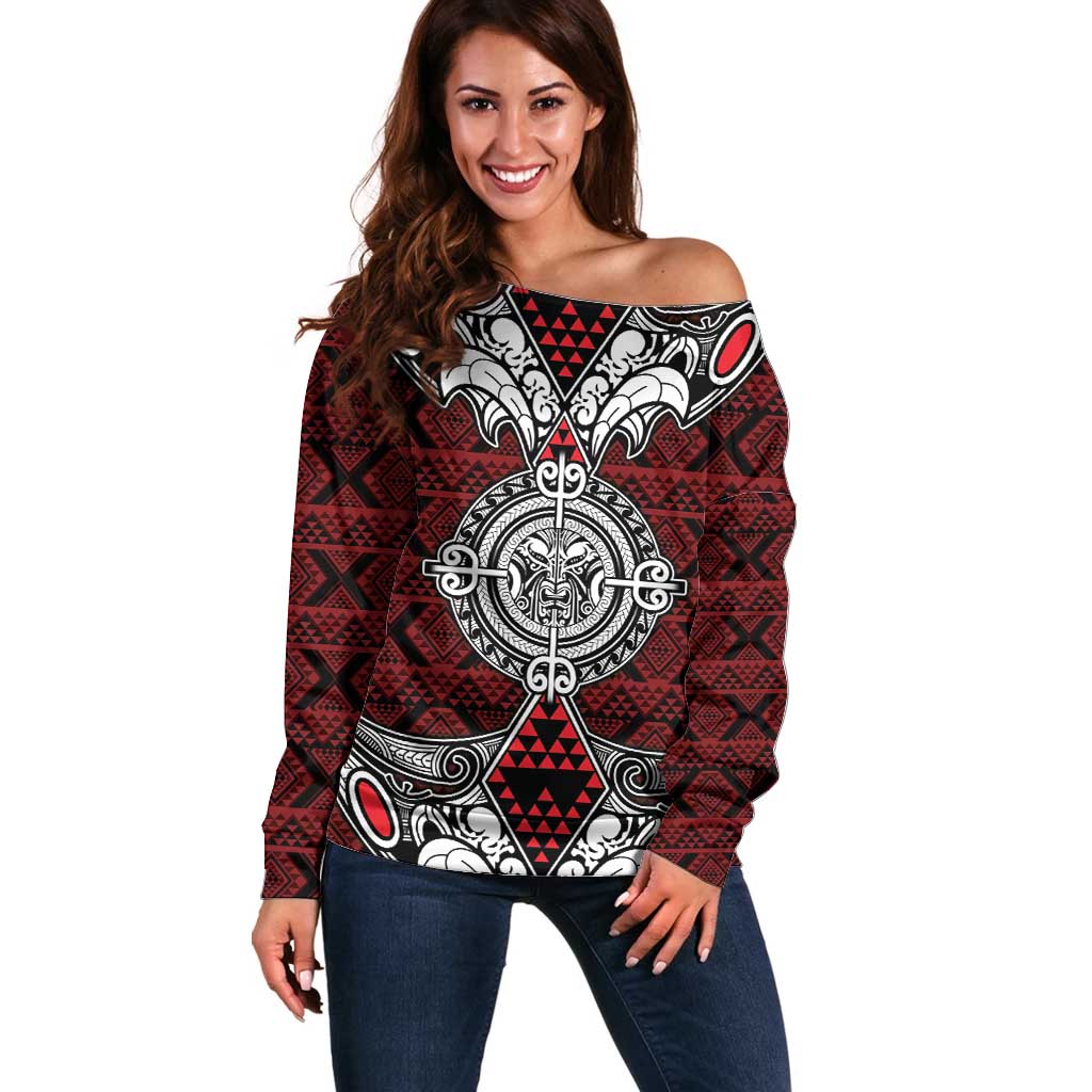 Red Aotearoa Tanilo Motif Off Shoulder Sweater Vintage Maori New Zealand Tribal Art Pattern