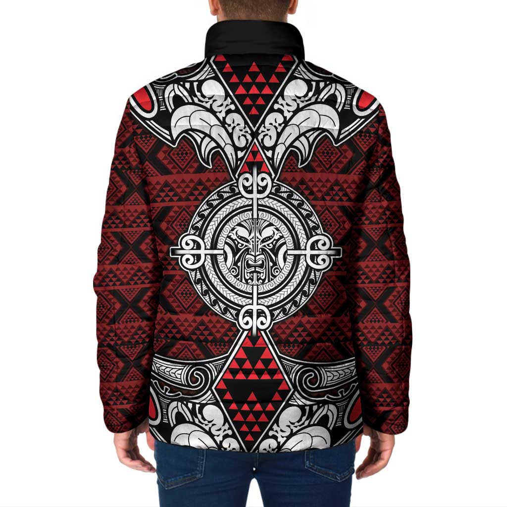 Red Aotearoa Taniko Motif Padded Jacket Vintage Maori New Zealand Tribal Art Pattern - Polynesian Pride