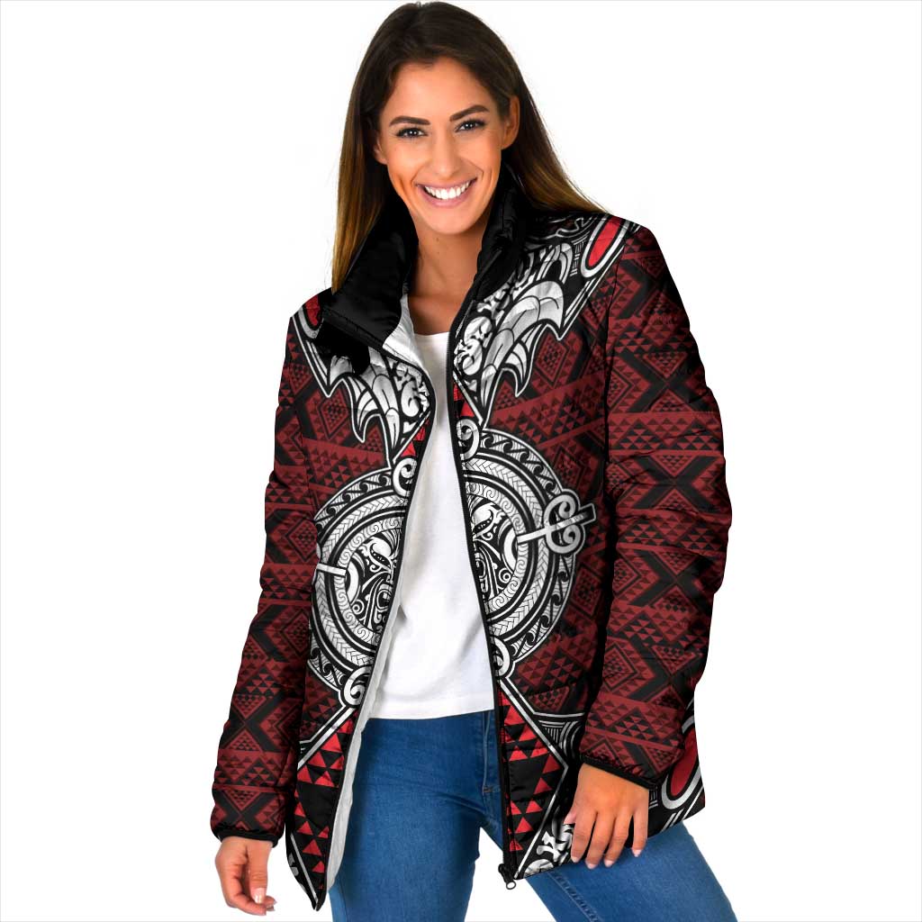 Red Aotearoa Taniko Motif Padded Jacket Vintage Maori New Zealand Tribal Art Pattern - Polynesian Pride
