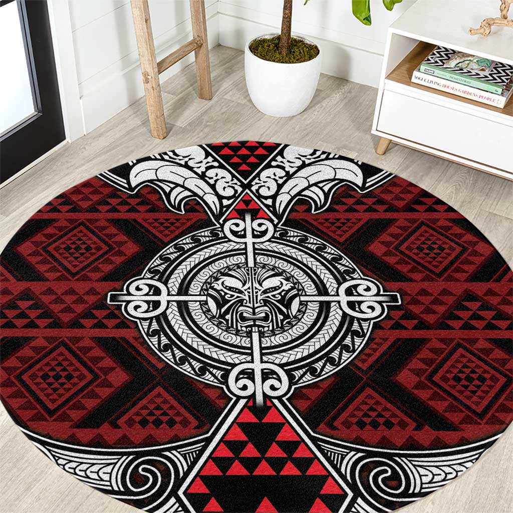 Red Aotearoa Taniko Motif Round Carpet Vintage Maori New Zealand Tribal Art Pattern