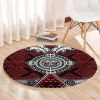 Red Aotearoa Taniko Motif Round Carpet Vintage Maori New Zealand Tribal Art Pattern