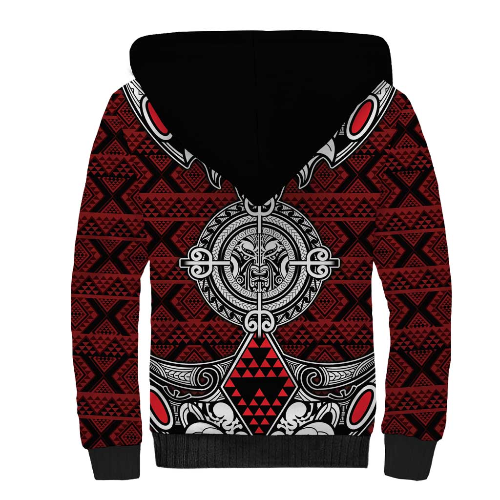 Red Aotearoa Tanilo Motif Sherpa Hoodie Vintage Maori New Zealand Tribal Art Pattern