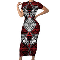 Red Aotearoa Tanilo Motif Short Sleeve Bodycon Dress Vintage Maori New Zealand Tribal Art Pattern