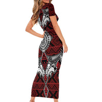 Red Aotearoa Tanilo Motif Short Sleeve Bodycon Dress Vintage Maori New Zealand Tribal Art Pattern