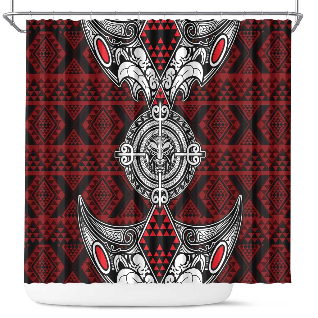 Red Aotearoa Taniko Motif Shower Curtain Vintage Maori New Zealand Tribal Art Pattern
