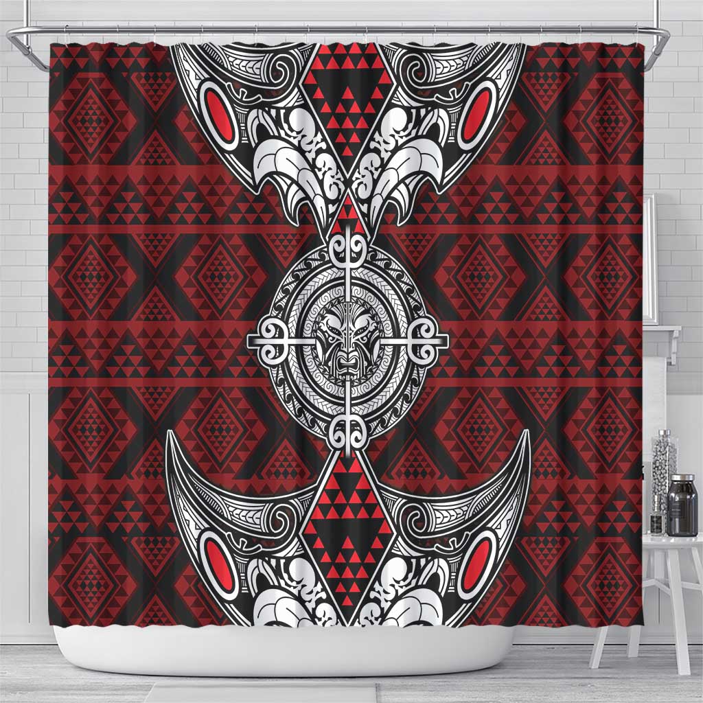 Red Aotearoa Taniko Motif Shower Curtain Vintage Maori New Zealand Tribal Art Pattern