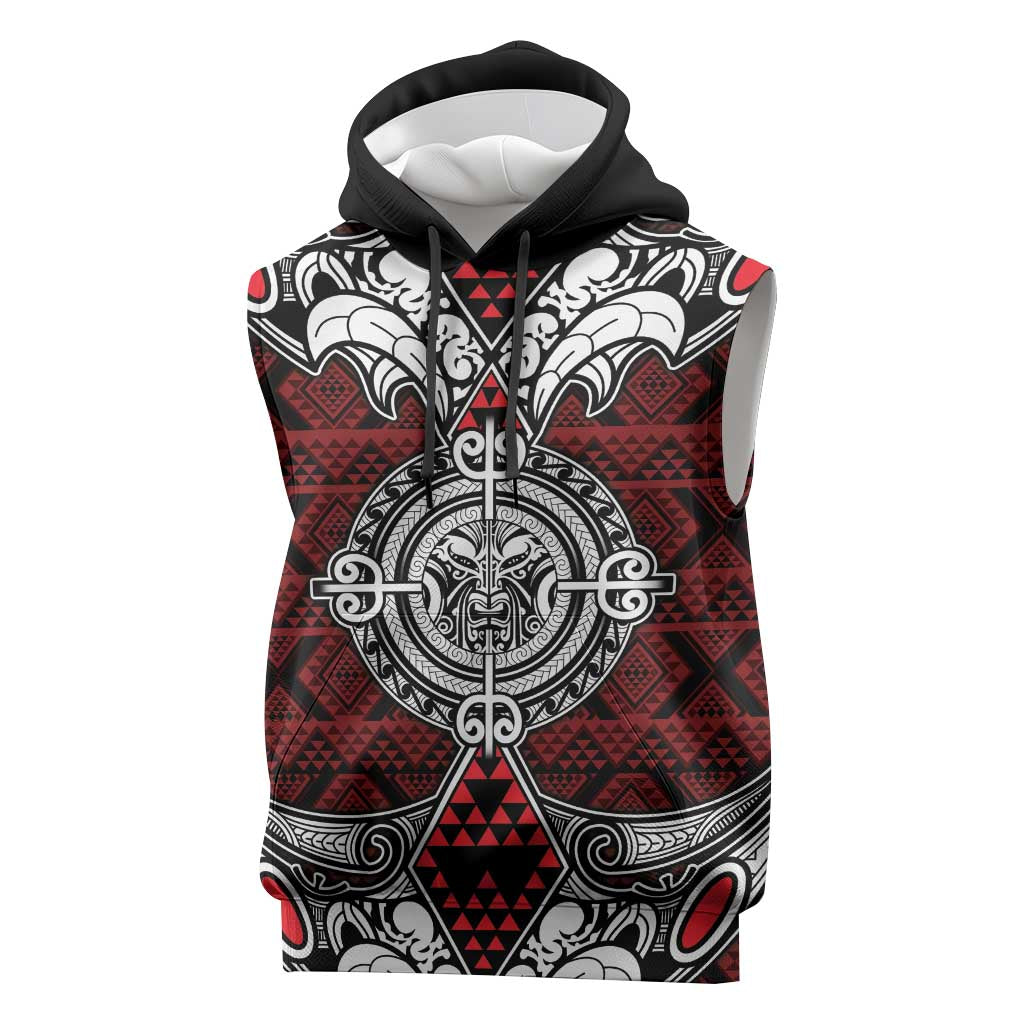 Red Aotearoa Taniko Motif Sleeveless Hoodie Vintage Maori New Zealand Tribal Art Pattern - Polynesian Pride