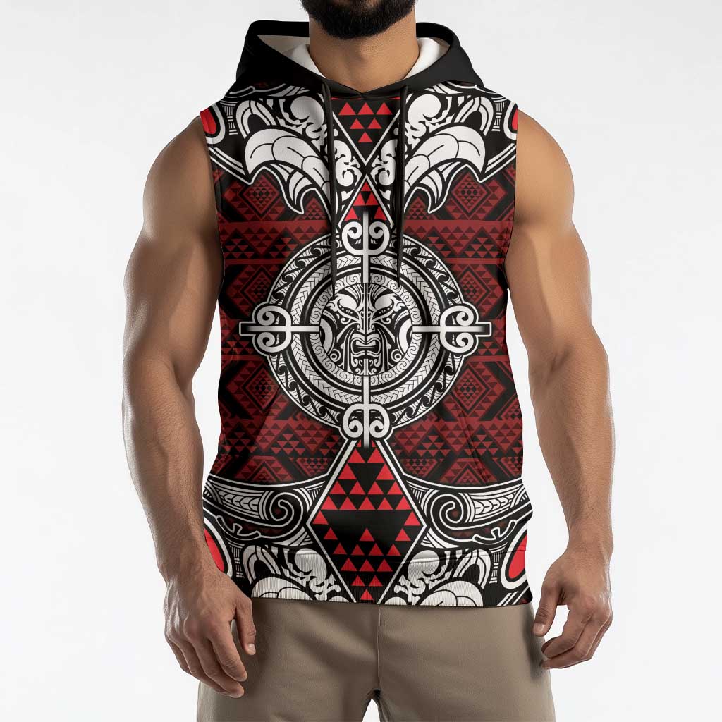 Red Aotearoa Taniko Motif Sleeveless Hoodie Vintage Maori New Zealand Tribal Art Pattern - Polynesian Pride