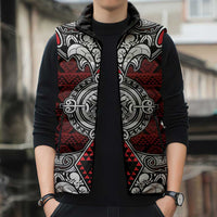 Red Aotearoa Taniko Motif Sleeveless Puffer Jacket Vintage Maori New Zealand Tribal Art Pattern - Polynesian Pride