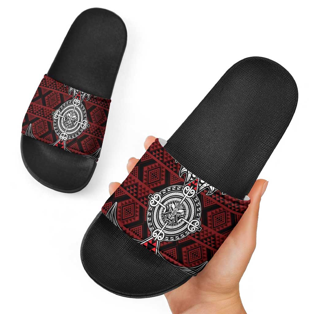 Red Aotearoa Taniko Motif Slide Sandals Vintage Maori New Zealand Tribal Art Pattern LT9 - Polynesian Pride