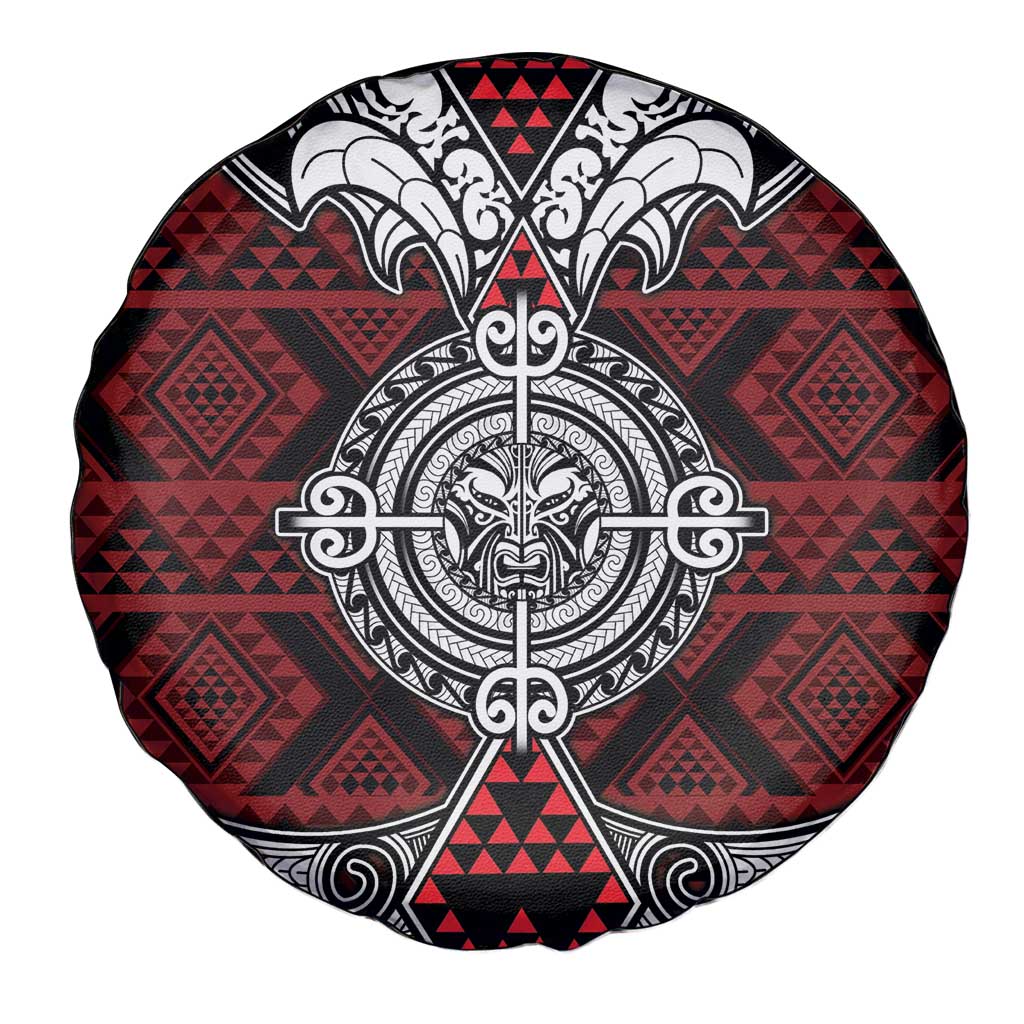 Red Aotearoa Taniko Motif Spare Tire Cover Vintage Maori New Zealand Tribal Art Pattern